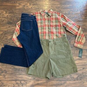 RALPH LAUREN 🍃 WOMENS Jeans Shorts Plaid Long Sleeve Button Up Bundle Small 8